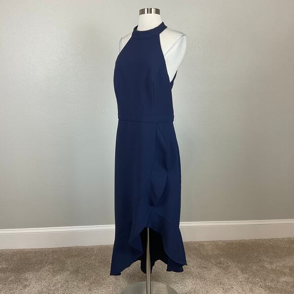 XSCAPE Backless Ruffled Halter High-Low Midi Sheath Cocktail Dress Blue Size 14 - Picture 6 of 13